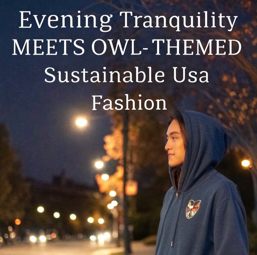 Model in owl hoodie under soft evening lights, styled with autumn tones. A tranquil eco-friendly fashion look for conscious USA wardrobes.