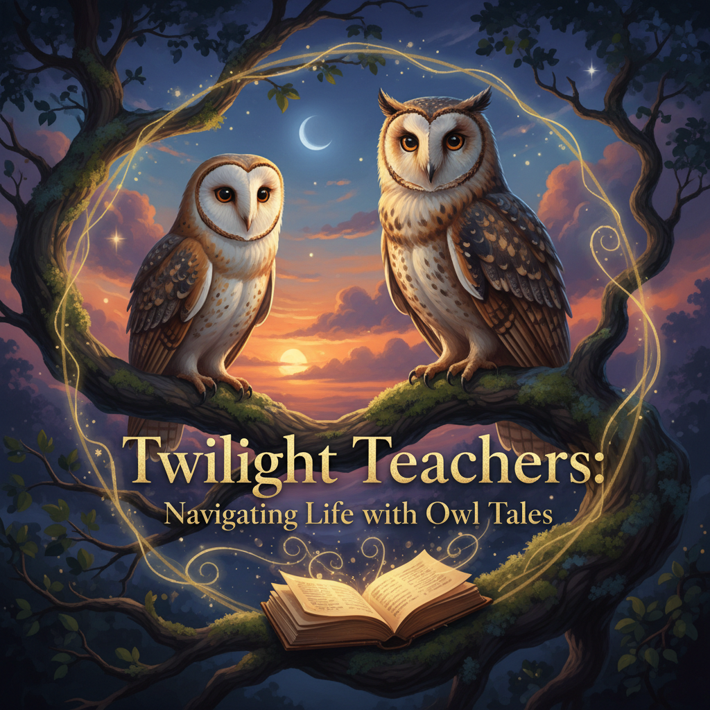Embroidered-style illustration of three owls sitting on tree branches in a peaceful twilight forest with soft glowing sky, symbolizing wisdom, nature inspiration, and eco-friendly owl storytelling.