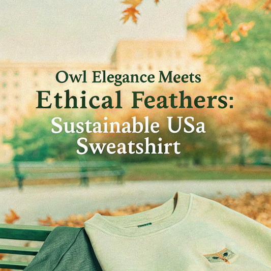 Eco-friendly USA sweatshirt with embroidered owl design. A blend of elegance, ethical feathers, and sustainable fall fashion style.