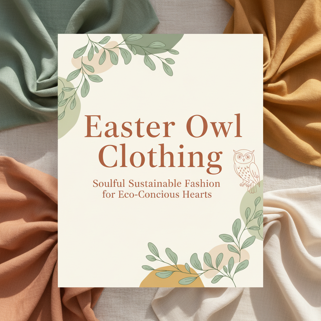 Embroidered-style illustration of three owls on blooming spring branches with subtle Easter eggs and warm sunrise light, symbolizing eco-friendly owl clothing and sustainable fashion.