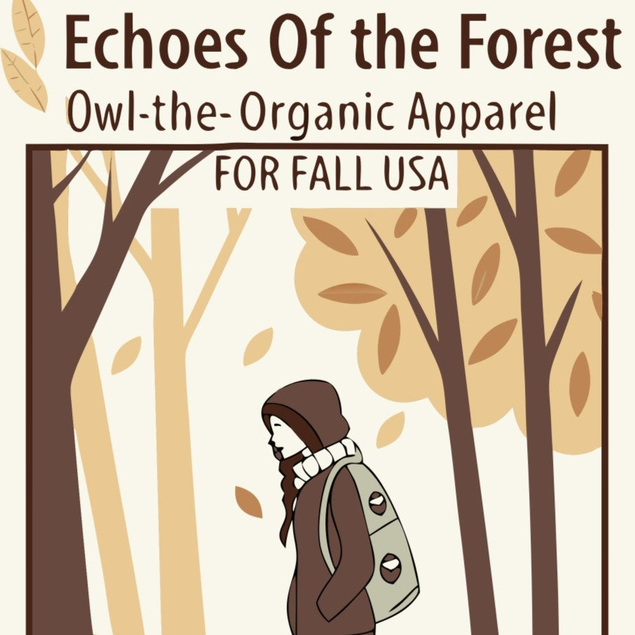 Model in owl-embroidered organic sweatshirt with eco tote in autumn forest, showcasing sustainable fall fashion USA.