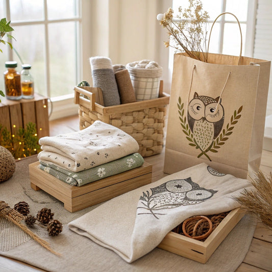 Lifestyle flat lay of green fashion gifts including organic cotton sweaters, owl-themed tote bags, recycled scarves, and sustainable wrapping with natural decor and soft daylight.