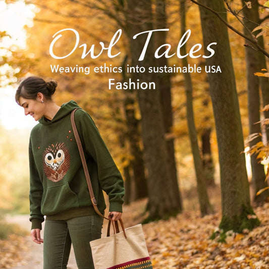 Model in embroidered owl sweatshirt with eco tote, styled in golden woodland. Ethical USA fall fashion woven with sustainability.