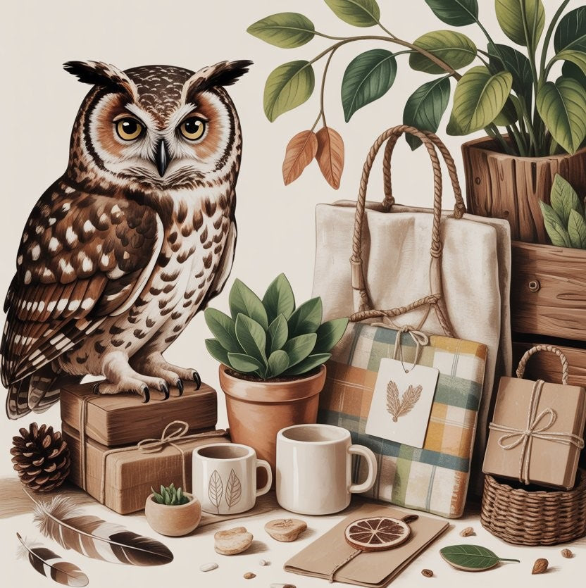Cozy owl-themed lifestyle scene with sustainable, earthy gifts including organic cotton scarves, reusable tote bags