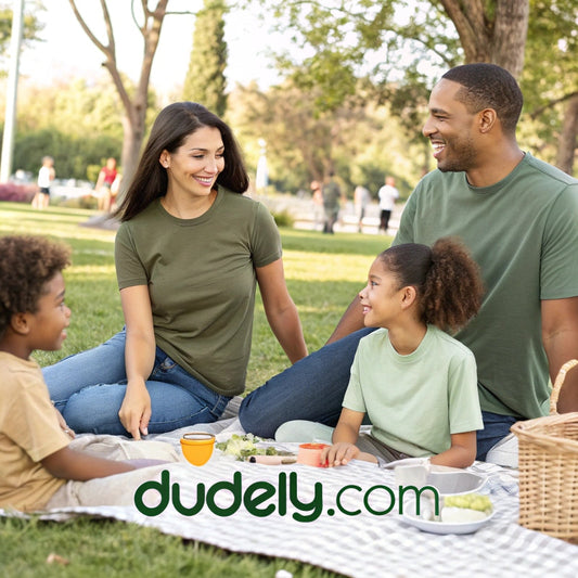 A group of people enjoying a family day outdoors, wearing unisex organic ribbed neck t-shirts in neutral tones, showcasing sustainable streetwear by Dudeily