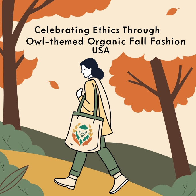 Eco tote bag with embroidered owl design styled in an autumn park. A blend of sustainability and ethical fall fashion in the USA.