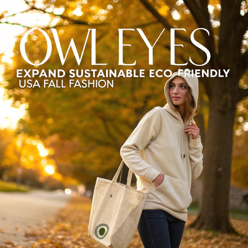 Model in owl-eye embroidered organic hoodie with eco tote, styled in autumn park. Ethical USA fall fashion for eco-conscious living.