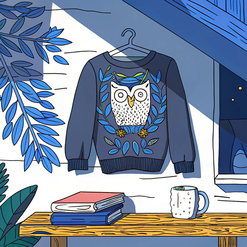 Owl-themed eco-friendly crew neck sweatshirt styled in a warm, minimal indoor setting with nature-inspired details for sustainable fashion USA.