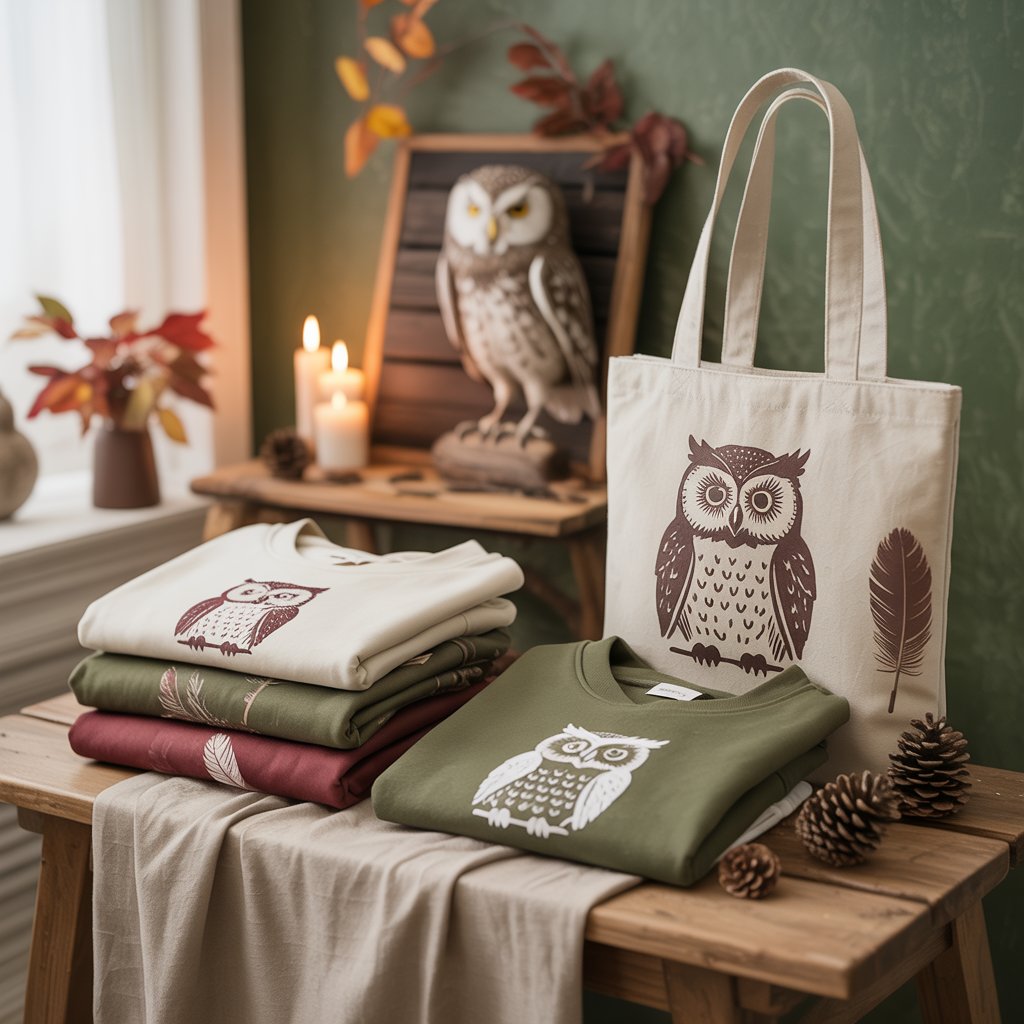 Folded eco-friendly owl hoodies, embroidered sweatshirts, and tote bags styled with autumn leaves, pinecones, and rustic wood.