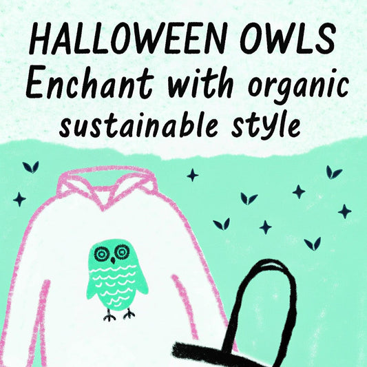 Model in owl-embroidered organic sweatshirt with pumpkins and fall decor. A blend of cozy Halloween charm and sustainable fashion.