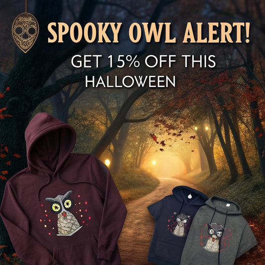 Model in owl-themed eco hoodie under moonlit Halloween scene. Celebrate spooky style with Dudeily’s 15% OFF sustainable fashion offer.
