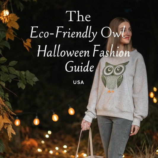 Model in owl-themed eco hoodie and tote with Halloween décor. Eco-friendly USA fashion blending cozy fall vibes and ethical style.