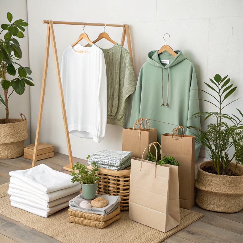 Lifestyle image of folded organic cotton clothes, recycled tote bags, eco gift boxes, and green plants arranged in a calm indoor setting representing an eco-friendly wardrobe.