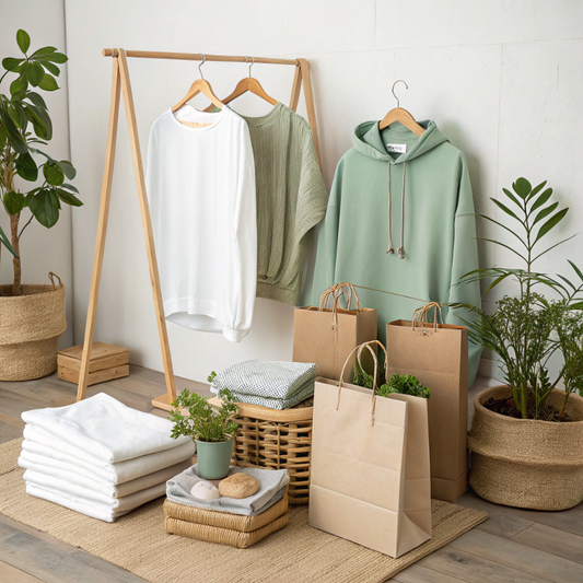 Lifestyle image of folded organic cotton clothes, recycled tote bags, eco gift boxes, and green plants arranged in a calm indoor setting representing an eco-friendly wardrobe.