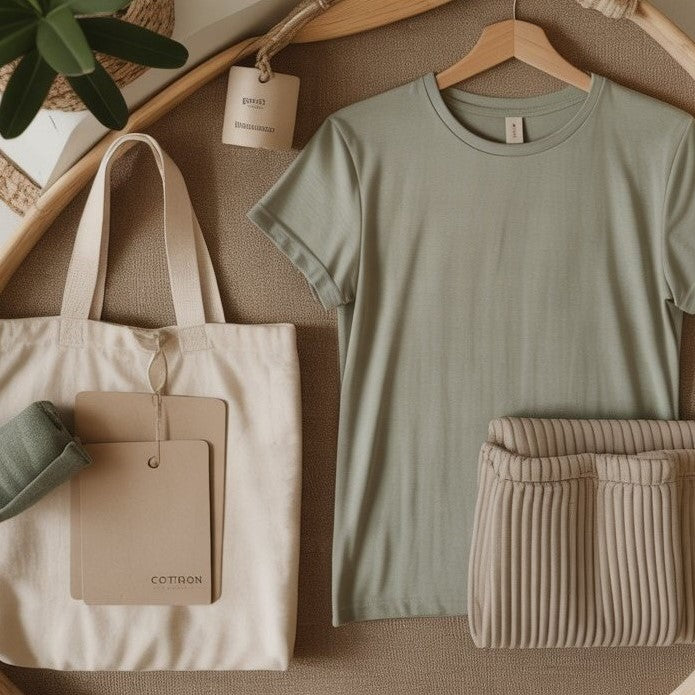 Outdoor flat lay or rack of neutral-toned sustainable clothing with tote bag and fall accessories, representing a minimalist and eco-friendly wardrobe for mindful living.