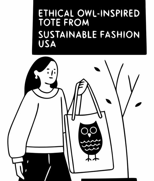 Model with owl-embroidered eco tote bag styled in autumn fashion. A blend of sustainability, craftsmanship, and mindful design in the USA.