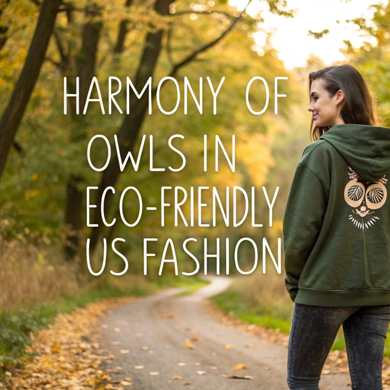 Model in eco hoodie with owl embroidery walking through autumn woods. Harmony of owls and sustainable USA fashion meets mindful living.