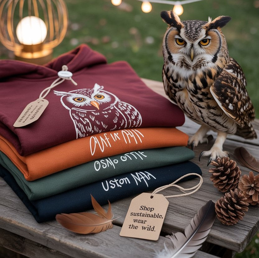 Owl perched near folded fall sweatshirts, hoodies, and tote bags in warm tones with lantern light, leaves, and “Shop Sustainable” tag.