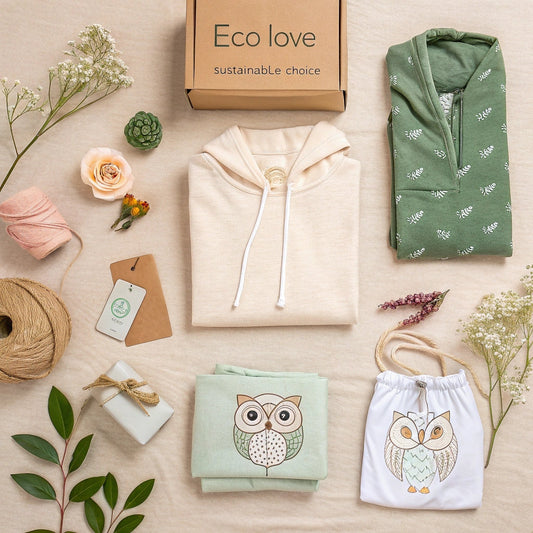 Flat lay of eco-friendly gifts for her: organic cotton T-shirts, hoodies, owl tote bags, scrunchies, and kraft packaging with dried flowers, leaves