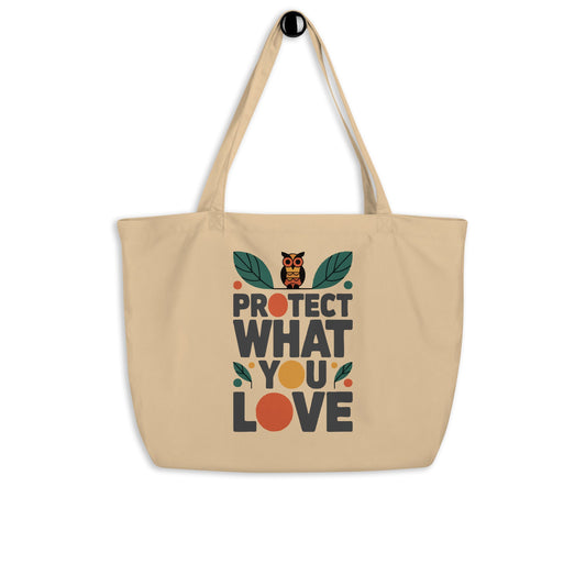 Large Organic Tote Bag – Protect What You Love Owl Print | Sustainable Owl Lifestyle