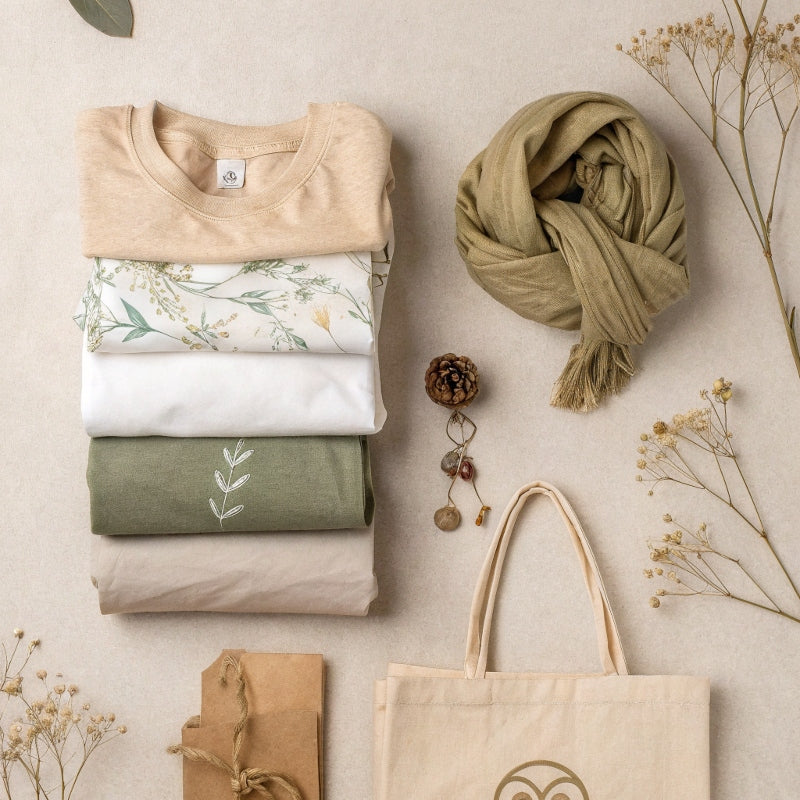 Flat lay of minimalist eco fashion gifts including organic cotton shirts, owl-themed tote, and sustainable accessories on a beige background with earthy elements and gift packaging.