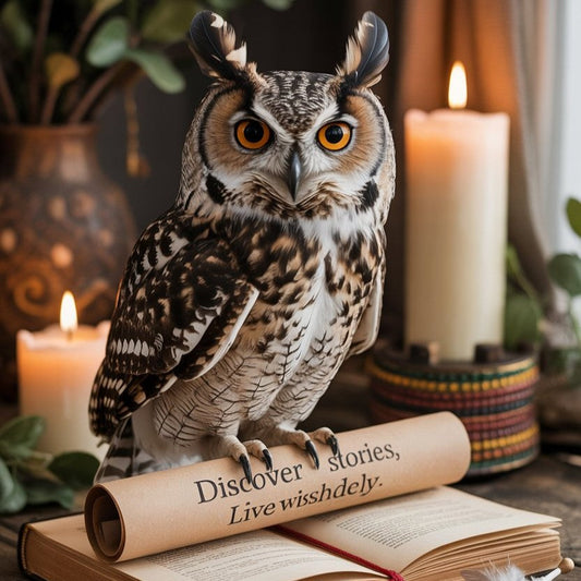 Owl perched on rustic table with books, feathers, and candles, surrounded by cultural motifs in warm earthy tones, symbolizing wisdom.