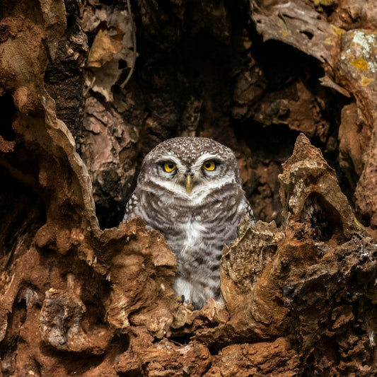 An owl is hidden in a tree trunk.