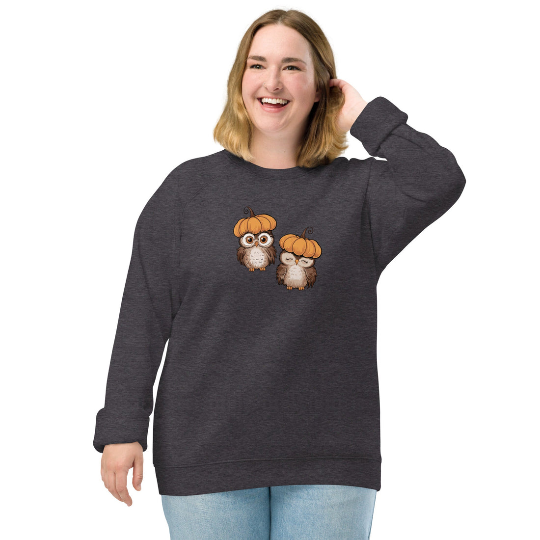 Unisex Organic Raglan Sweatshirt: Halloween Owl Eco-Friendly USA