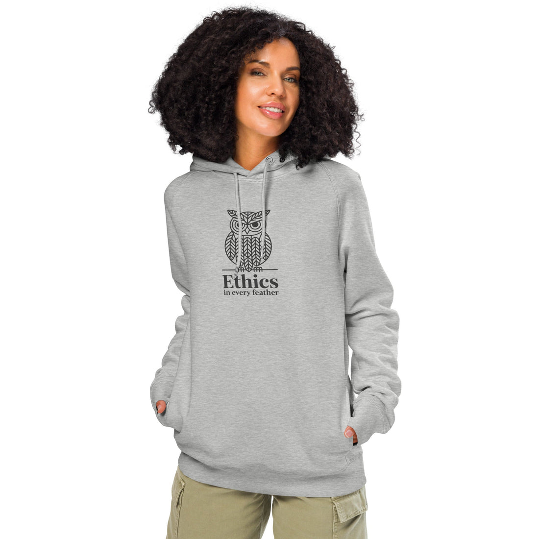 Unisex organic side pocket hoodie: 'Ethics in Every Feather' | Sustainable Owl Fashion USA