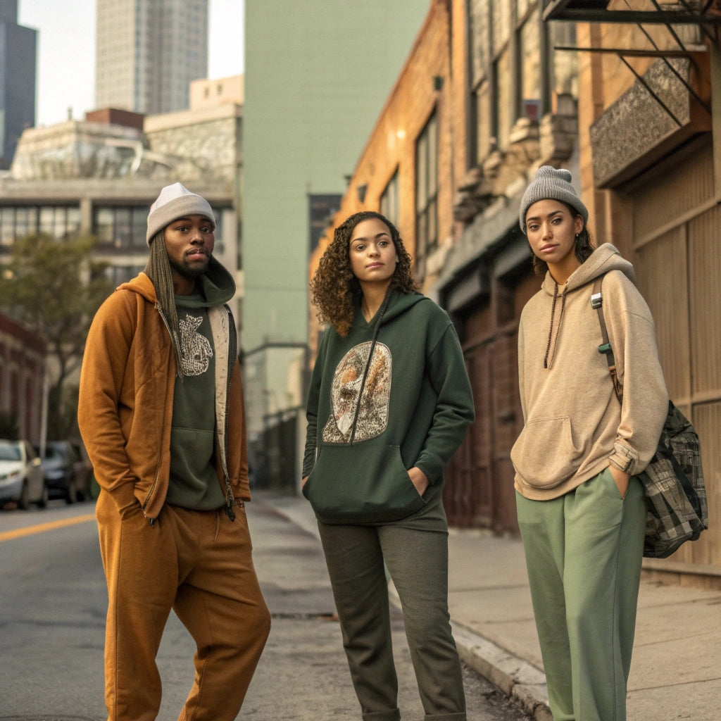 Three young adults wearing organic cotton streetwear with owl designs, standing in an urban USA street setting — showcasing eco-conscious fashion in earthy tones.