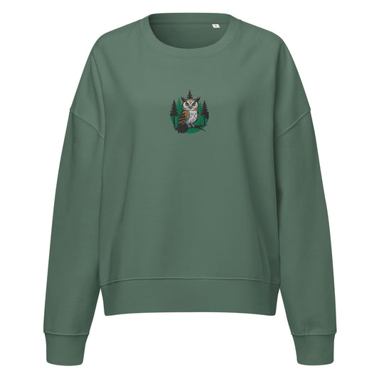Women’s Organic Crew Neck Sweatshirt – Forest Owl Print | Eco-Friendly Owl Clothing