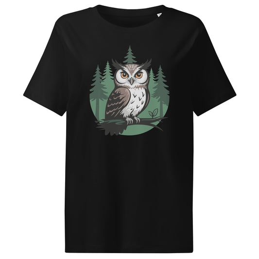 Women’s Organic Ribbed Neck T-Shirt – Earth Owl Print | Eco-Friendly Owl Clothing
