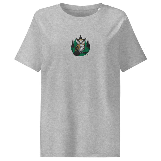 Women’s Organic Ribbed Neck T-Shirt – Gentle Owl Print | Eco-Friendly Owl Clothing