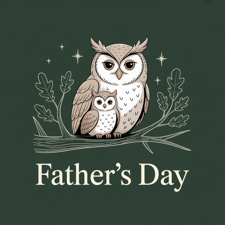 Minimal father owl and baby owl illustration celebrating Father’s Day eco-friendly gift collection.