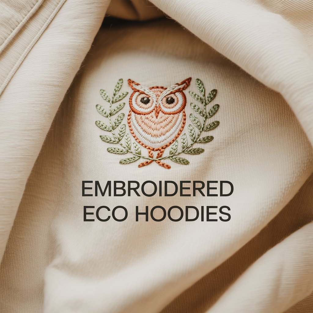Minimal embroidered owl design on eco hoodie fabric representing sustainable embroidered hoodie collection.
