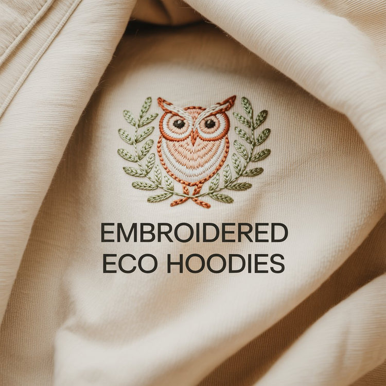 Minimal embroidered owl design on eco hoodie fabric representing sustainable embroidered hoodie collection.
