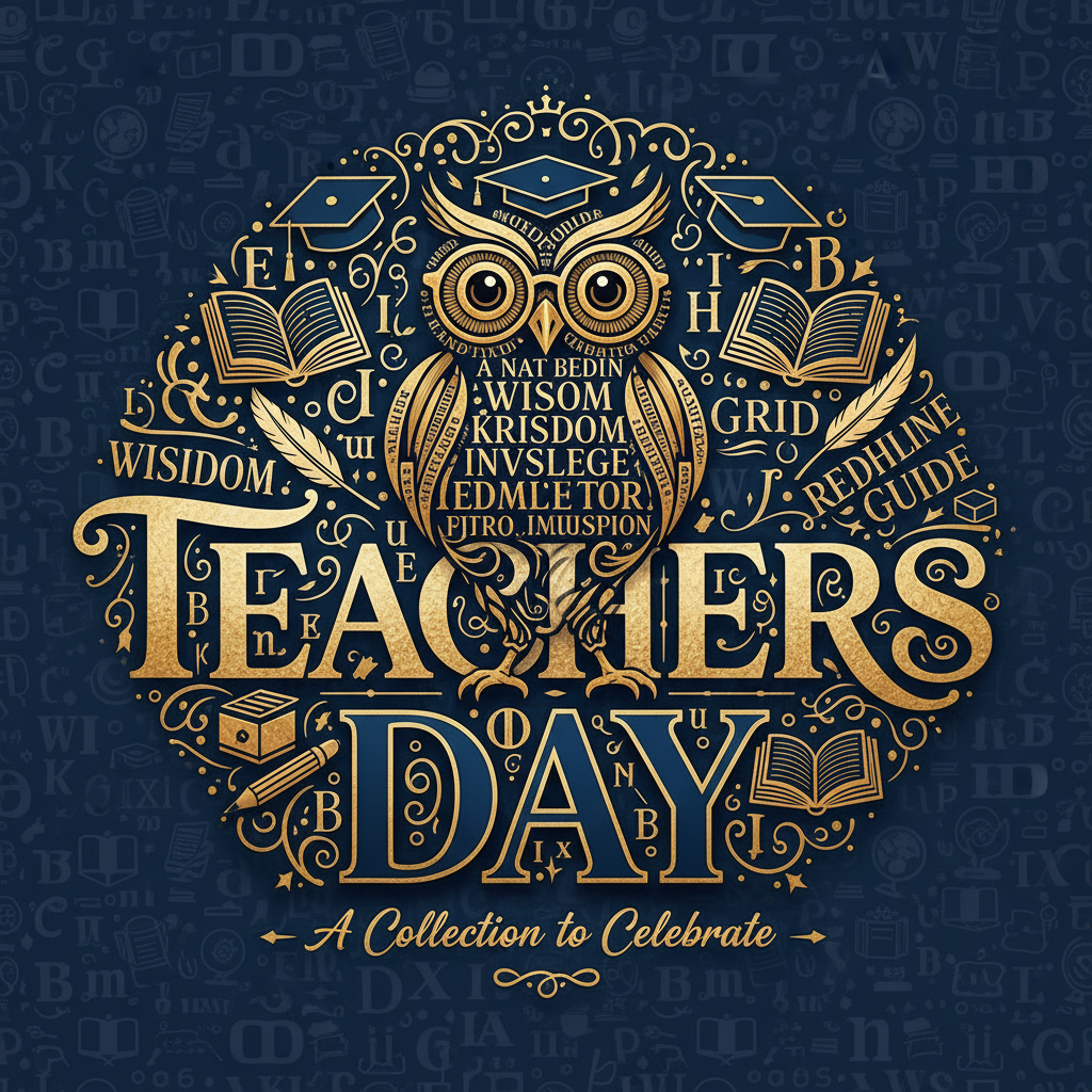 Gold owl typography illustration with books and graduation caps celebrating Teachers Day on a navy background – Teacher appreciation collection banner.