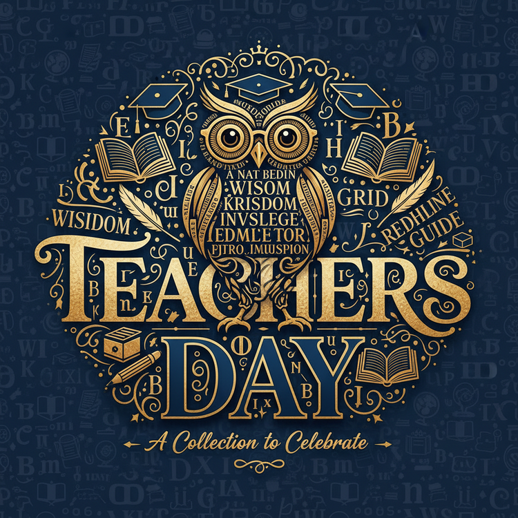 Gold owl typography illustration with books and graduation caps celebrating Teachers Day on a navy background – Teacher appreciation collection banner.