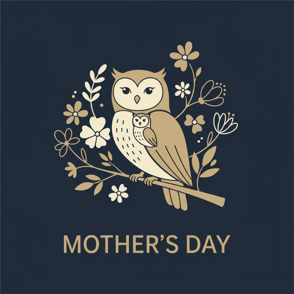 Minimal mother owl with baby owl and floral illustration celebrating Mother’s Day eco-friendly gift collection.