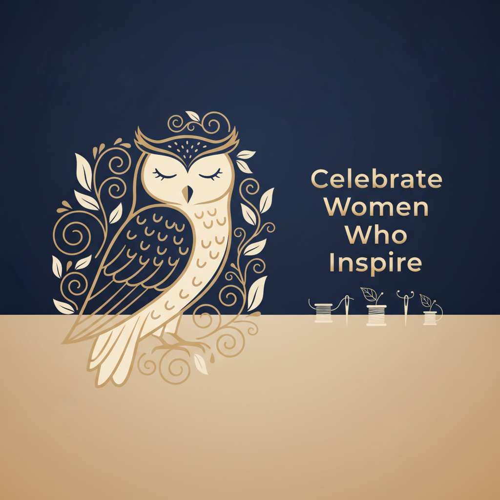 Elegant owl and floral illustration celebrating Women’s Day with eco-friendly fashion theme on a minimal navy background