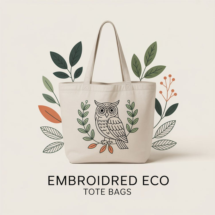 Minimal embroidered owl design on eco-friendly canvas tote bag with nature-inspired aesthetic.
