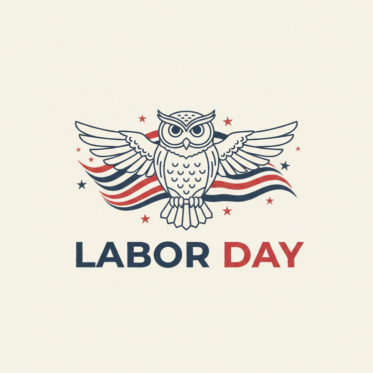 Minimal patriotic owl illustration with stars and stripes celebrating Labor Day eco-friendly apparel collection.