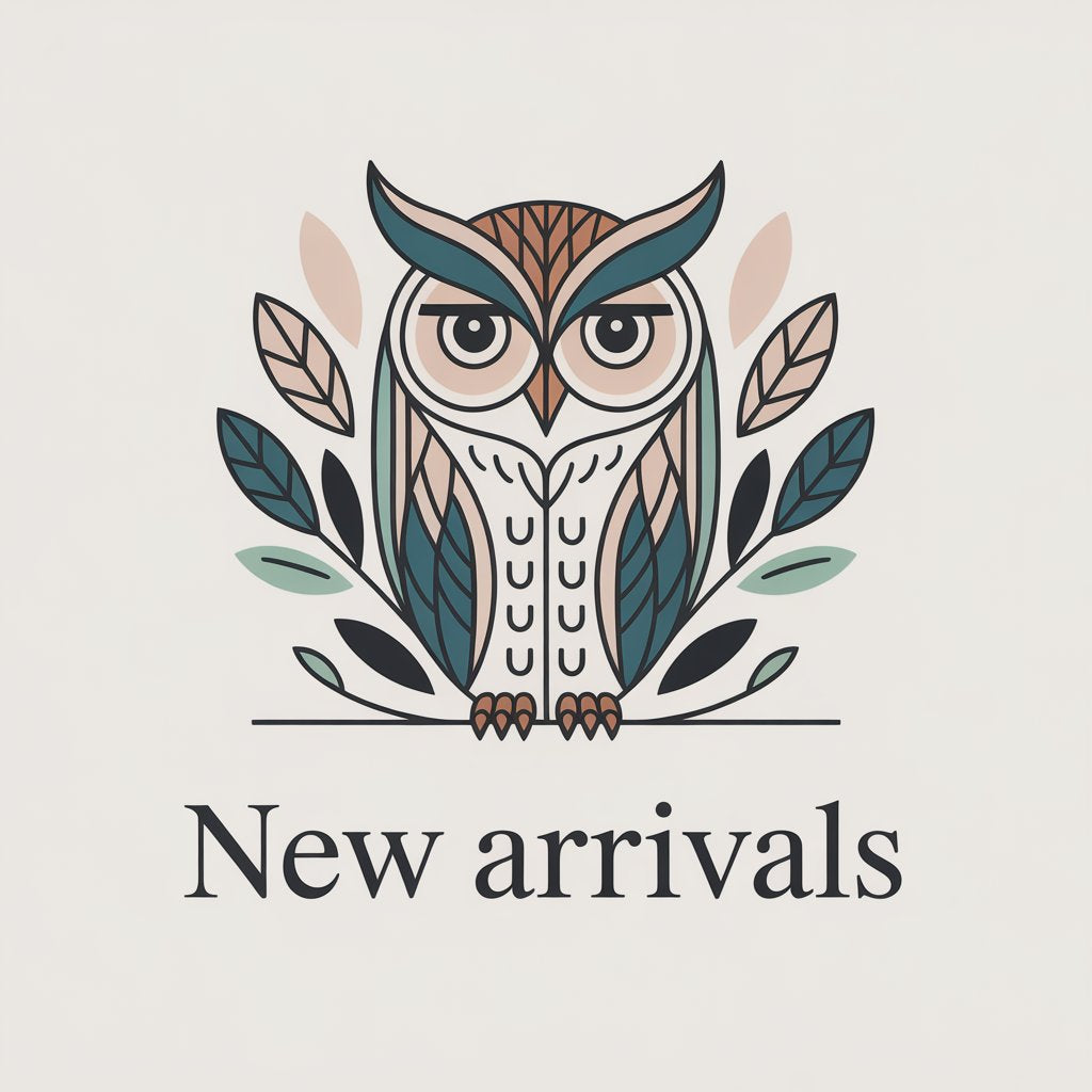 Minimal owl and nature-inspired illustration promoting eco-friendly fashion new arrivals collection.
