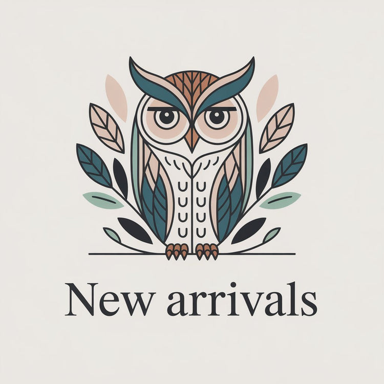 Minimal owl and nature-inspired illustration promoting eco-friendly fashion new arrivals collection.