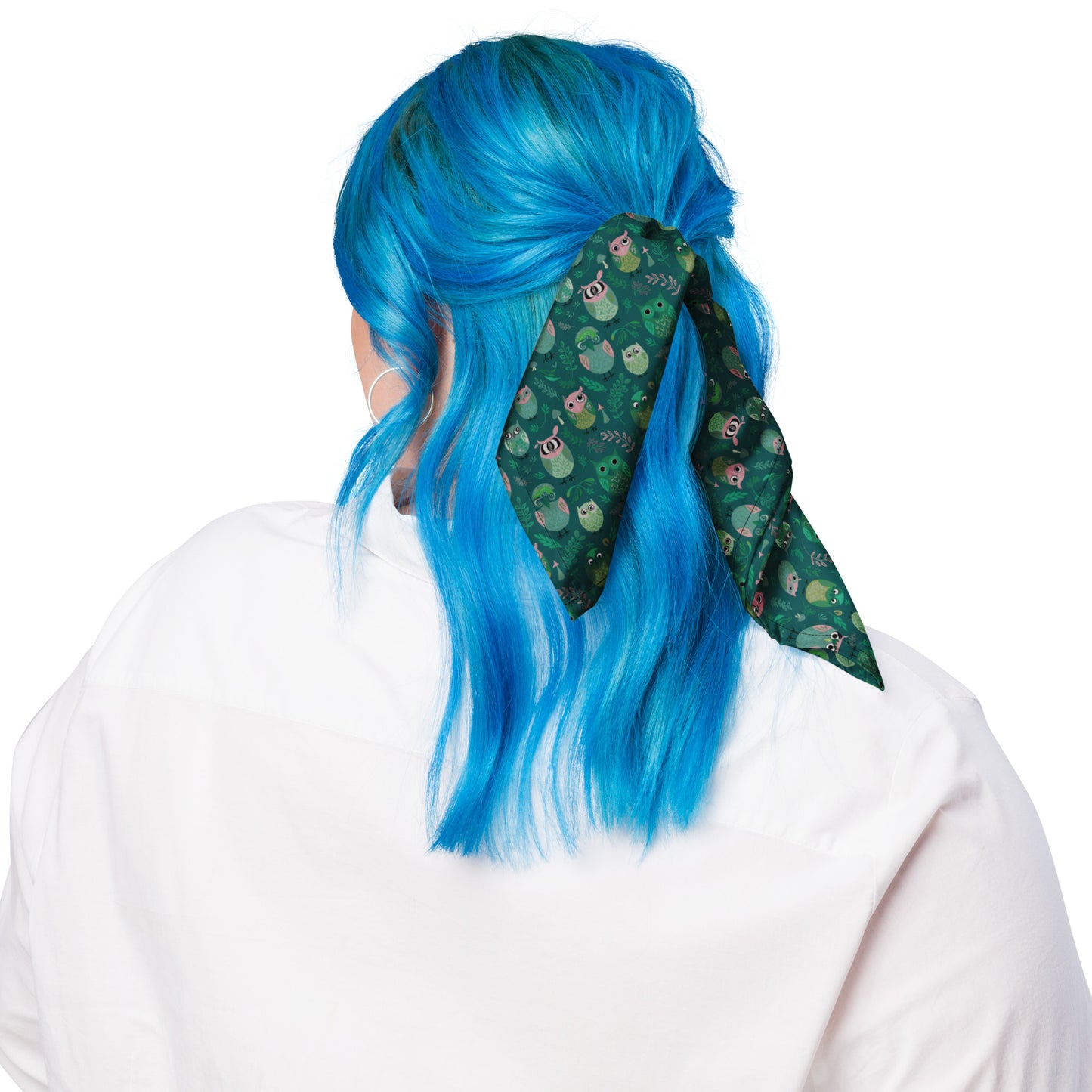 All-over print bandana featuring a stylish and versatile owl theme, perfect for adding a unique touch to your outfit.