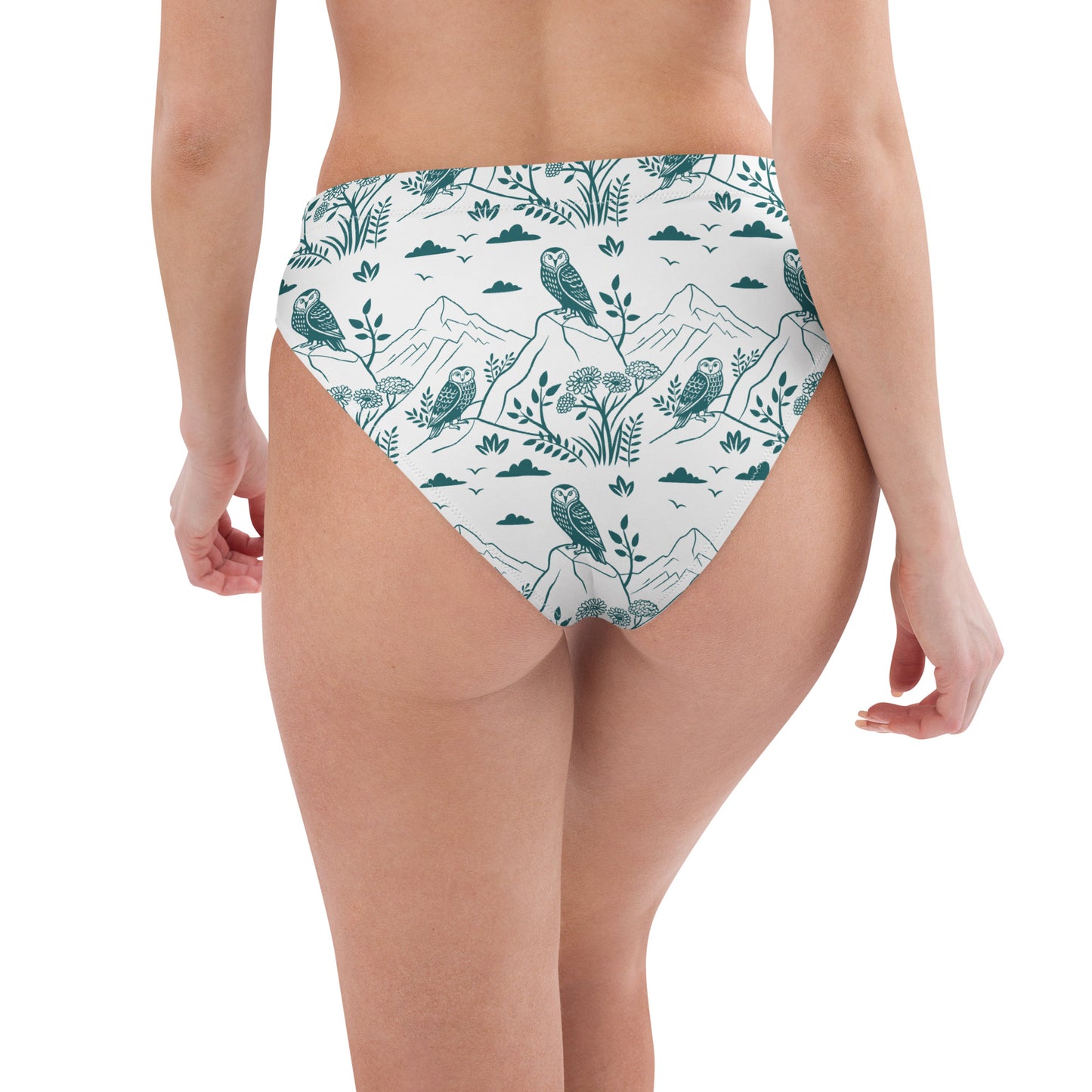 Owl-Themed Recycled High-Waisted Bikini Bottom – Sustainable Swimwear for Eco-Chic Adventures Dudeily
