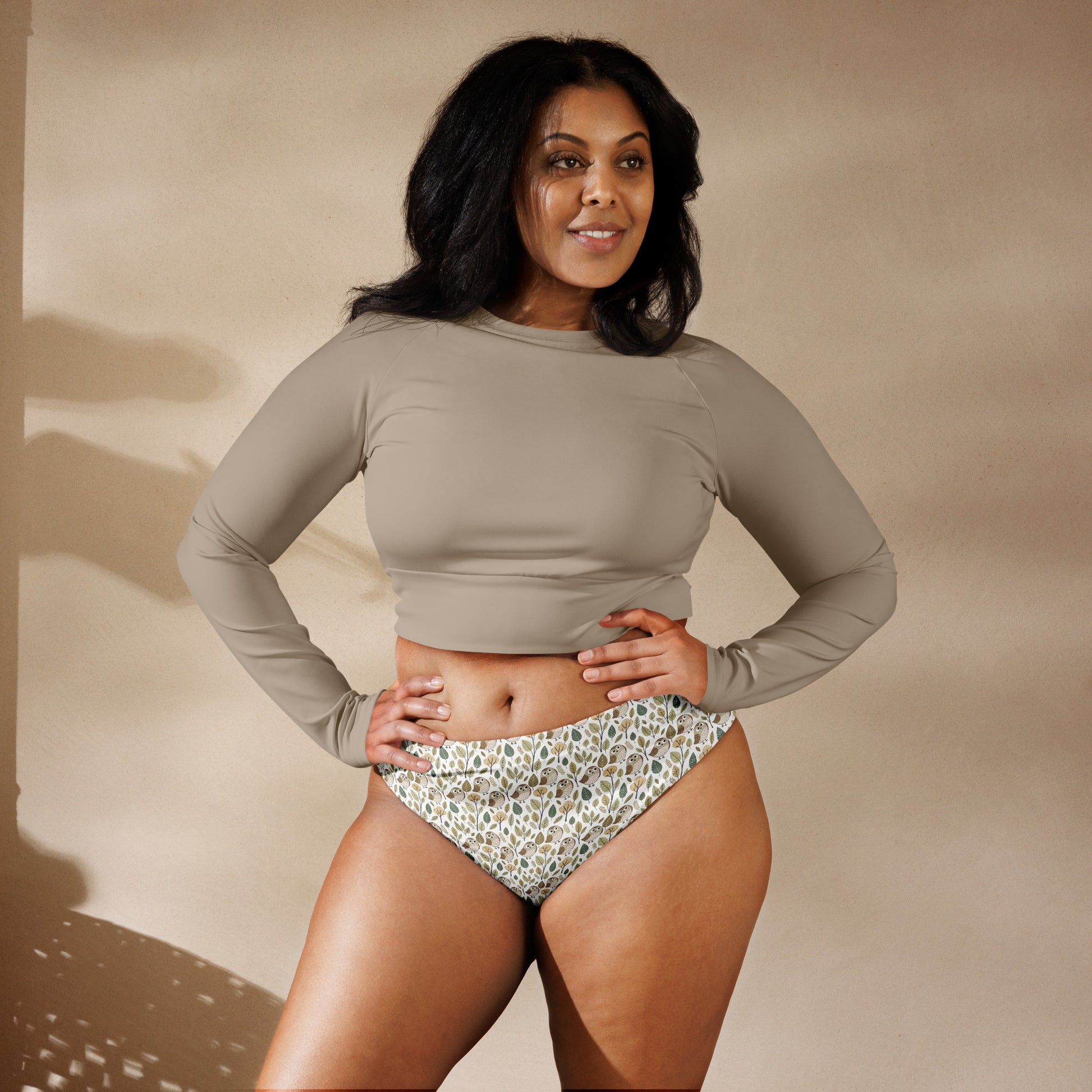 Owl-Themed Recycled High-Waisted Bikini Bottom – Sustainable Swimwear for Eco-Conscious Style Dudeily