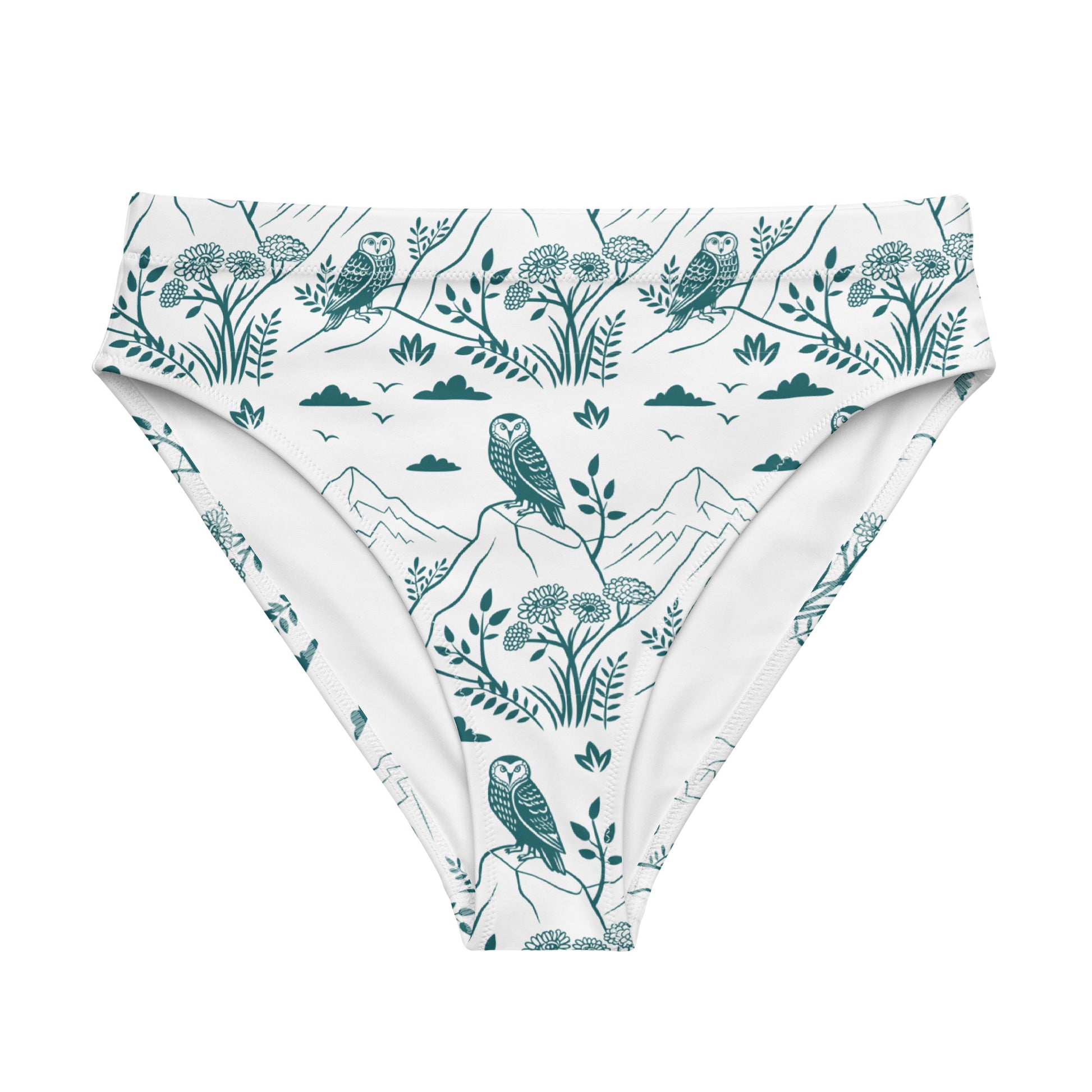 Owl-Themed Recycled High-Waisted Bikini Bottom – Sustainable Swimwear for Eco-Chic Adventures 3XL Dudeily