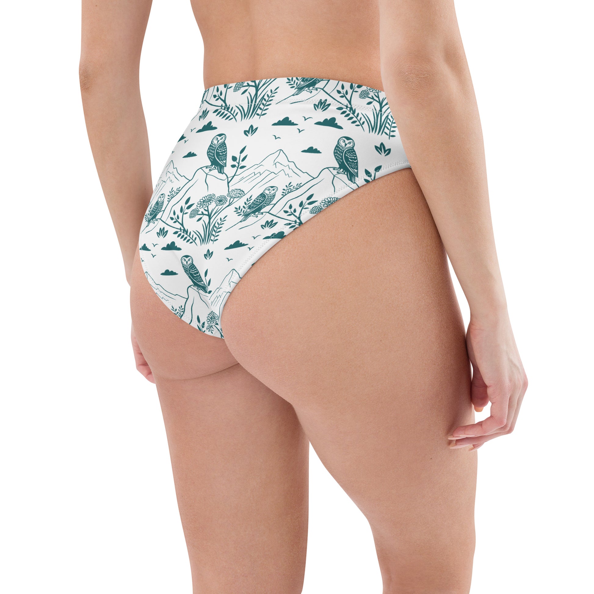 Owl-Themed Recycled High-Waisted Bikini Bottom – Sustainable Swimwear for Eco-Chic Adventures Dudeily