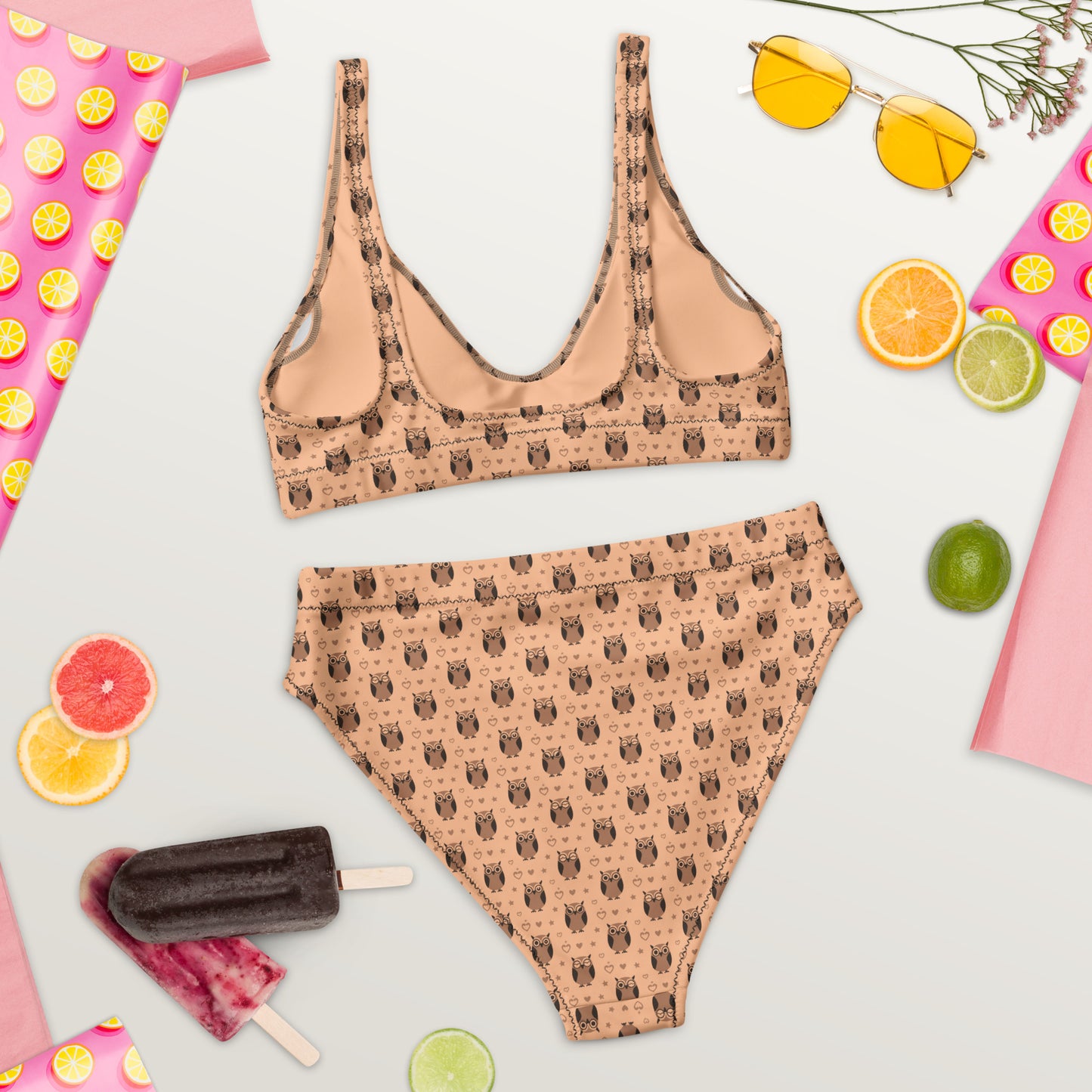 Recycled High-Waisted Bikini – Eco-Friendly Owl Print Swimwear Dudeily